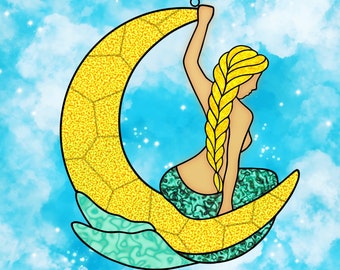 Mermaid on Crescent Moon Stained Glass Pattern: 3 Variations (PDF Download)