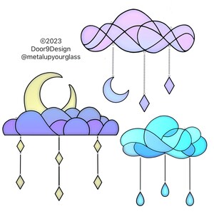 May include: Three stained glass cloud mobiles with hanging charms. The top cloud is purple and pink with diamond charms. The middle cloud is blue and purple with moon and diamond charms. The bottom cloud is blue with raindrop charms.