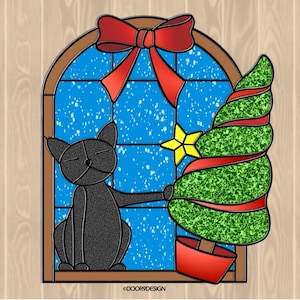 May include: A black cat sits in a window with a red bow and a green Christmas tree with red ribbon. The window is blue with white snowflakes. The text "DOOR9DESIGN" is at the bottom of the image.