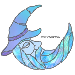 May include: A stained glass crescent moon with a face wearing a witch's hat. The moon is a mix of blues and purples, with a silver outline. The text "©2025 DOOR9DESIGN" is visible.
