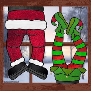 May include: A stained glass window design showing Santa's legs and elf legs. Santa's legs are red with white trim and black boots. The elf legs are red and green striped with green shoes. A snowy landscape is visible in the background.