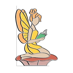 Op de afbeelding: Een fee met gele vleugels en een gele jurk zit op een roze paddenstoel en leest een groen boek.