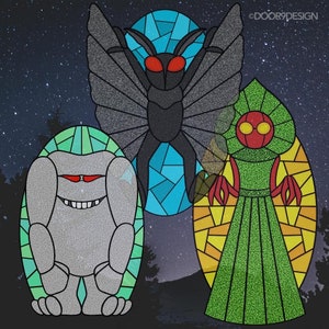 May include: A stained glass design featuring three mythical creatures: a gray, cyclops-like monster, a green, humanoid creature with glowing eyes, and a black moth with red eyes. The background is a starry night sky.