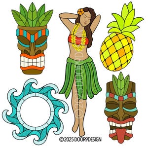 May include: A digital illustration featuring Hawaiian-themed elements. It includes a woman in a hula skirt, two tiki masks, a pineapple, and a decorative wave design. The color palette consists of greens, browns, yellows, and blues.