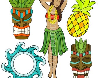 Tiki Bar Stained Glass Patterns: Hula Dancer, Pineapple, Masks (PDF)