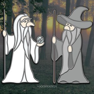 May include: Two cartoon wizards, one in white robes and one in gray robes, stand facing each other. Both wizards hold staffs and have long white beards. The wizard in white robes holds a small orb in his hand. The background is a blurry image of a forest.