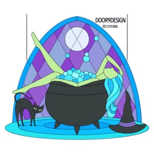 May include: A stained glass style illustration featuring a figure with light green skin and blue hair relaxing in a black cauldron filled with blue bubbles. A black cat stands to the left, a witch hat sits to the right, and the text DOOR9DESIGN appears.