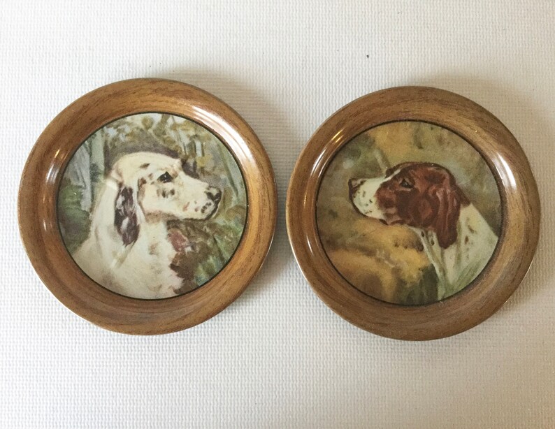 2 Tin Litho Coaster Set Hunting Dogs By Ole Larsen 1940s Ac Etsy