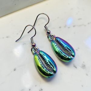 Rainbow Titanium Coated Stainless Steel Conch Shell Hook Earrings 4cm Drop E542