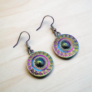Rainbow Titanium Coated Stainless Steel Round Floral Hook Earrings 4.5cm Drop E539
