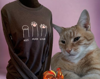 Fun cat lover long sleeve unisex Bella Canvas tee, cat mom or dad gift, cute cat or kitten shirt, rock paper scissors, paws toe beans shirt