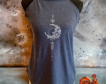 Vintage BOHO Blue Frost colored Sun Moon floral unalome tattoo art, sleeveless halter tank cute womens top, inspirational shirt, yoga shirt