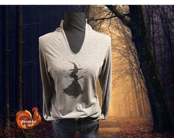 Vintage Witch Graphic Heather Gray V-Neck Lightweight Women’s Hoodie, Sizes Sm-3XL