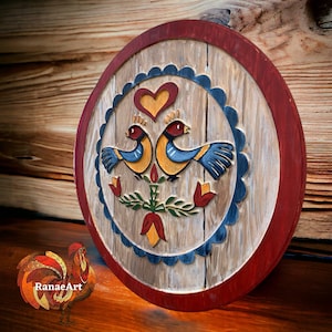 PA Dutch Hex Sign, 36” Double Distelfink distressed  barn sign, two birds, indoor/outdoor carved folk art, home garden decor, folklore art