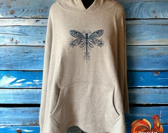 Vintage Gray Hoodie Poncho w /Dragonfly, Hoodie lover, tattoo art, yoga lover gift, Sweatshirt Poncho, Hippie spiritual shirt for women