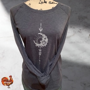 Vintage BOHO Blue Frost tunic Sun Moon floral unalome tattoo art,  cute long sleeve scoop neck womens tunic, inspirational yoga shirt