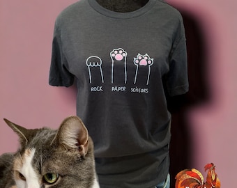 Fun cat lover short sleeve unisex Bella Canvas tee, cat mom or dad gift, cute cat or kitten shirt, rock paper scissors, paws toe beans shirt