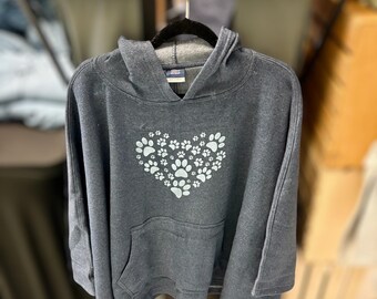 Vintage Blue Heather Hoodie Poncho: PawPrint Heart Graphic, One Size, Fits most Sm-4XL