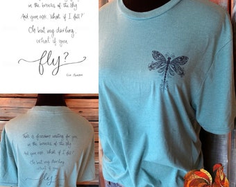 Vintage Blue Green Dragonfly shirt w/ inspirational back print quote, Dragonfly tattoo art, Mom Daughter gift, teacher gift, spiritual shirt