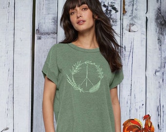 Vintage Basil Green BOHO flower Peace Sign, Botanical Peace sign shirt for women, graphic Hippie tee, Festival shirt, Gardener gift,yoga top