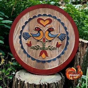 PA Dutch Hex Sign, 24” Double Distelfink distressed  barn sign, two birds, indoor/outdoor carved folk art, home garden decor, folklore art