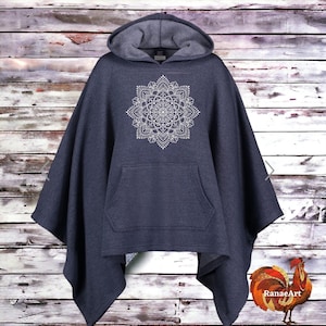 May include: A navy blue hooded poncho with a white mandala design. The poncho has a kangaroo pocket and a gray hood.