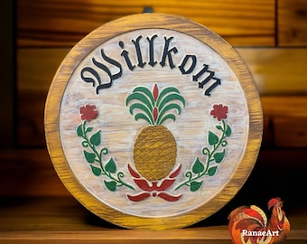 16” PA Dutch Hand-Painted Pineapple Hex Sign, Willkom, Welcome Sign, distressed folk art Barn Sign, Indoor Outdoor Sign, Home & Garden Art