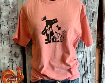 Botanical dyed pink tee, floral rabbit silhouette, Easter bunny, cute spring shirt, farm girl, floral farm animal, plant lover, bunny love