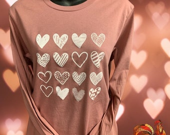 Vintage BOHO Love heart shirt, Valentines tee for women, Love shirt, mauve pink long sleeve heart tee, lover tee, cute heart teacher tee