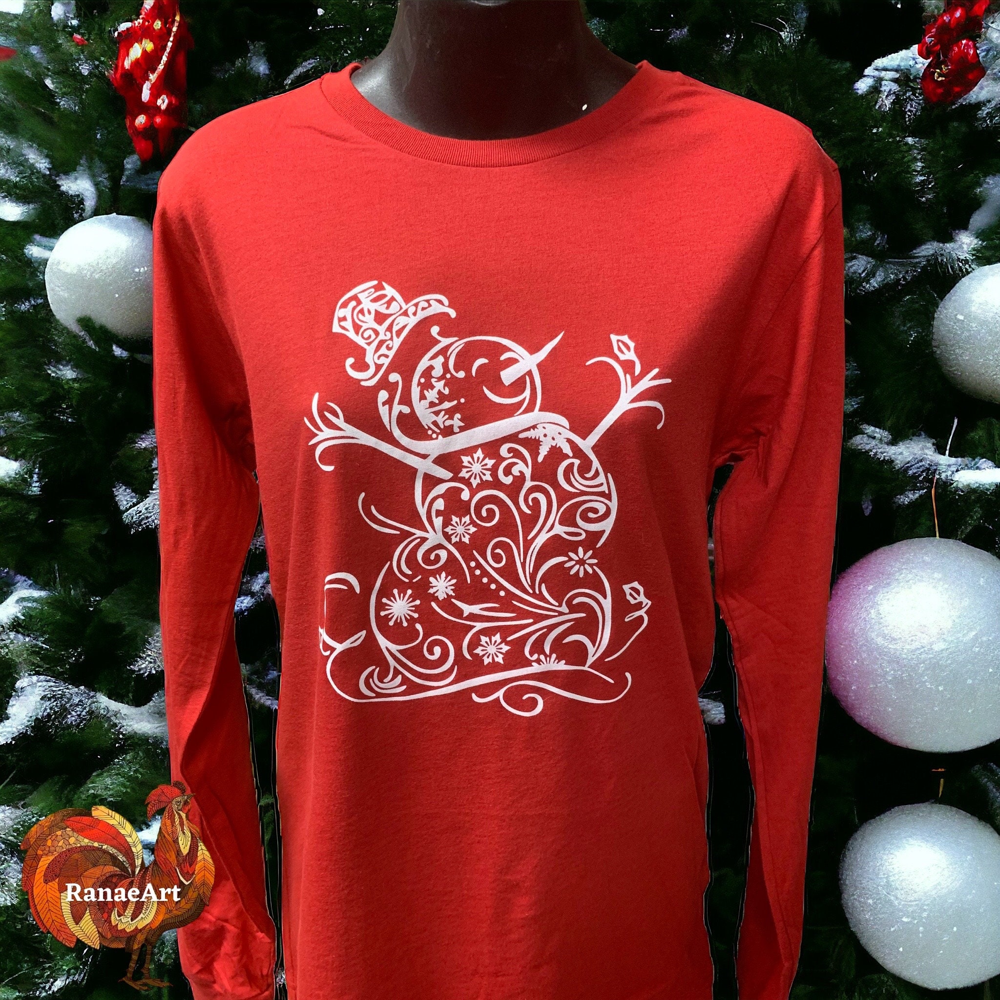 Christmas Lover Tee, Cute Snowman Shirt, Long Sleeve Red Tee