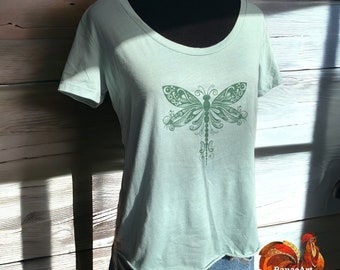 Vintage Green Dragonfly scoop neck shirt for women with hi-lo hem, Dragonfly tattoo art, Mom gift, teacher gift, spiritual shirt, hippie tee