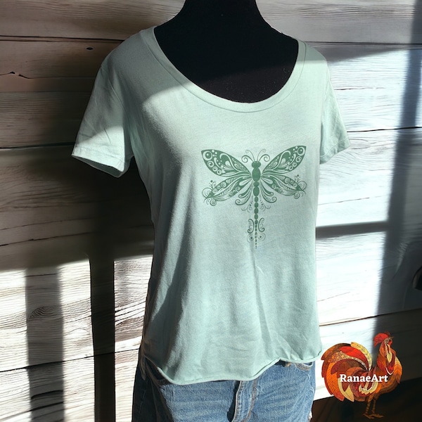 Vintage Green Dragonfly scoop neck shirt for women with hi-lo hem, Dragonfly tattoo art, Mom gift, teacher gift, spiritual shirt, hippie tee