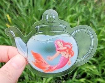 Transparent vinyl sticker, Mermaid in a tea pot clear sticker for water bottle stickers for laptop decal bumper stickers cute