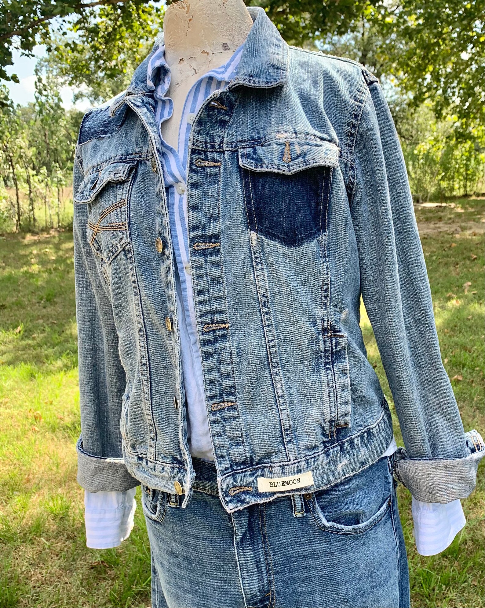 Upcycled Womens Denim Jacket USA Distressed Refashioned Denim Etsy