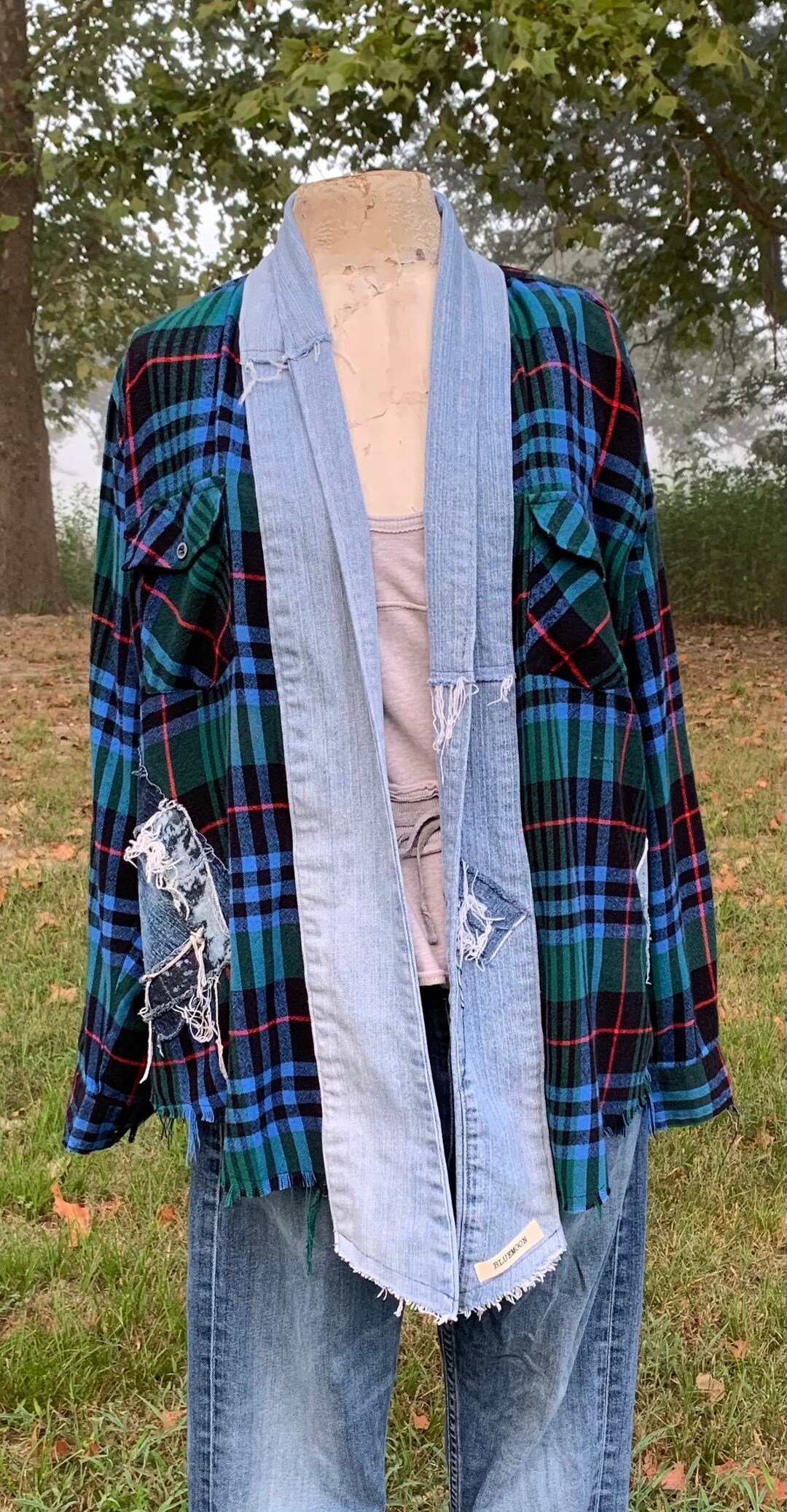 Upcycled MEDIUM Refashioned Flannel and Denim Jacket Trending for Fall Boho Bohemian Fall Jacket