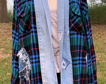 Upcycled MEDIUM Refashioned Flannel and Denim Jacket Trending for Fall Boho Bohemian Fall Jacket for Layering OOAK