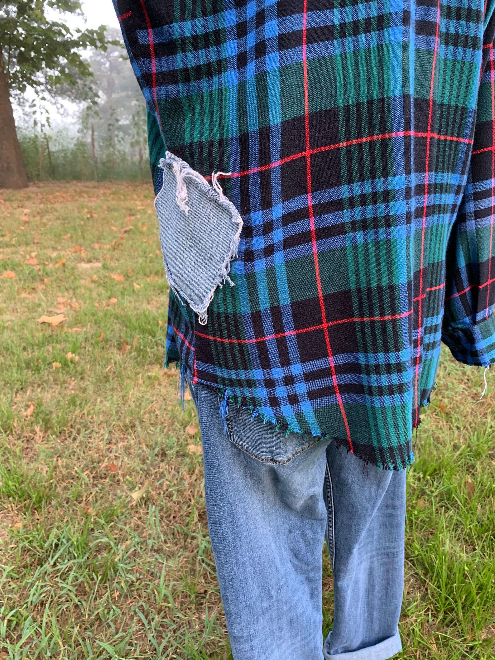 Upcycled MEDIUM Refashioned Flannel and Denim Jacket Trending Etsy