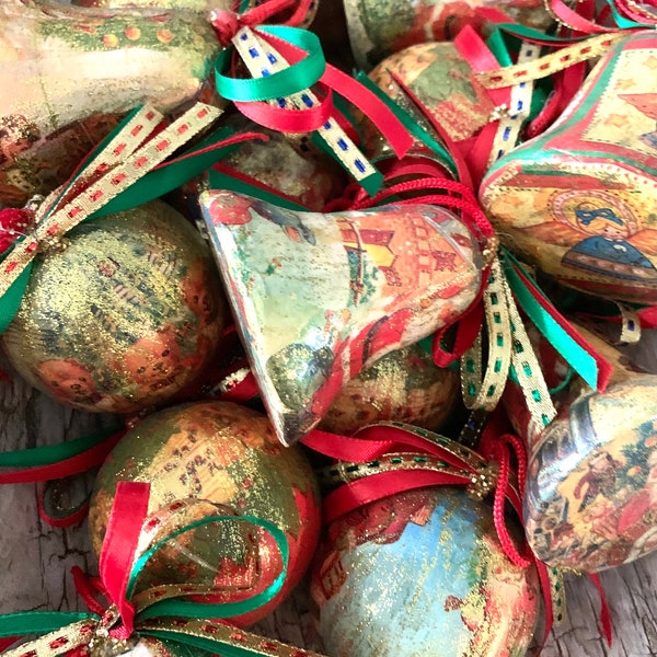 Christmas Ornaments Foil Decoupage Christmas Balls & Bells Lightweight Santa Ornaments Set of 14