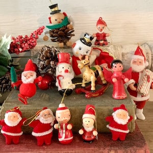 Vintage Wooden Christmas Ornaments Tiny Felt Santa Vintage Plastic Snowman Farmhouse Christmas Decor Holiday Vignette Decorating Small Space