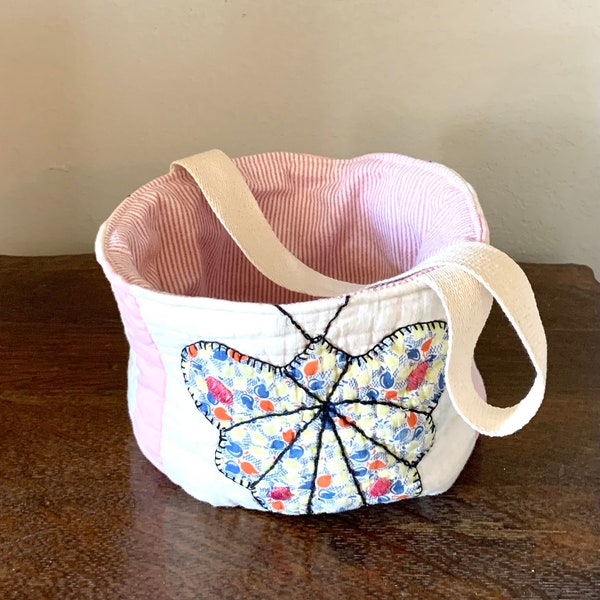 Vintage Quilt Basket Easter Basket Easter Egg Pail Easter Bucket Spring Peter Cottontail Season Spring Easter Vignette Decor FREE SHIPPING