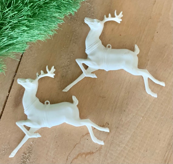 Vintage Lot of 7 Christmas Hard Plastic Deer Brown  and White Deer Christmas