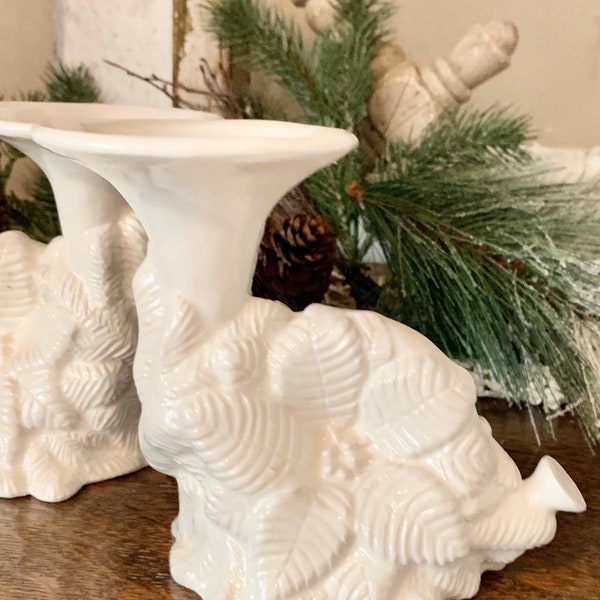 Vintage Christmas Candleholders Set Of 2 White Christmas 1995 Ceramic Poinsettia Candelabra Cottagecore American Farmhouse Country Living