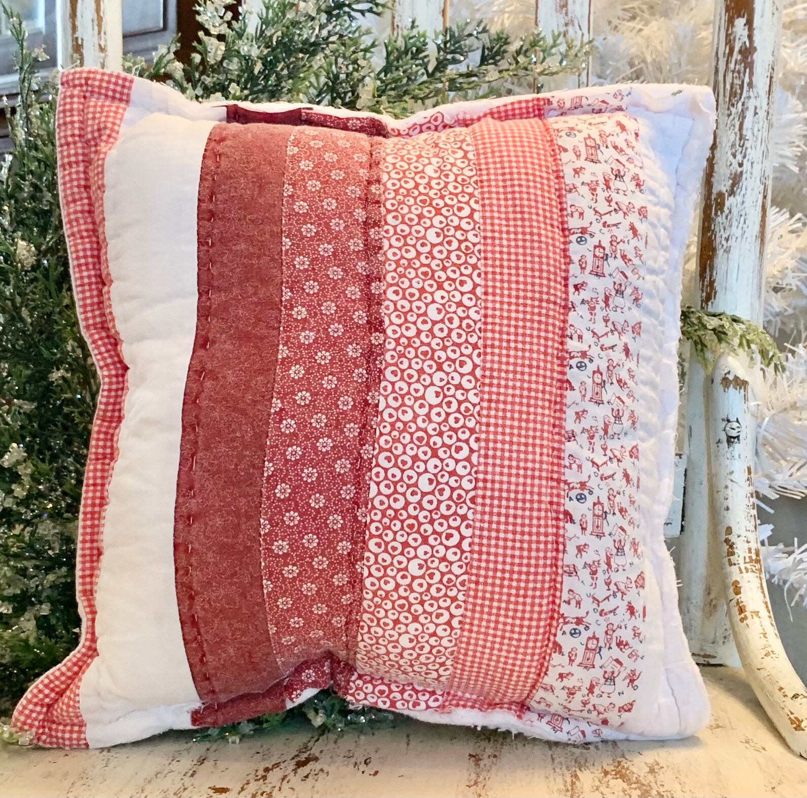 Vintage Quilt Pillow Christmas Tree Pillow Farmhouse Christmas Etsy