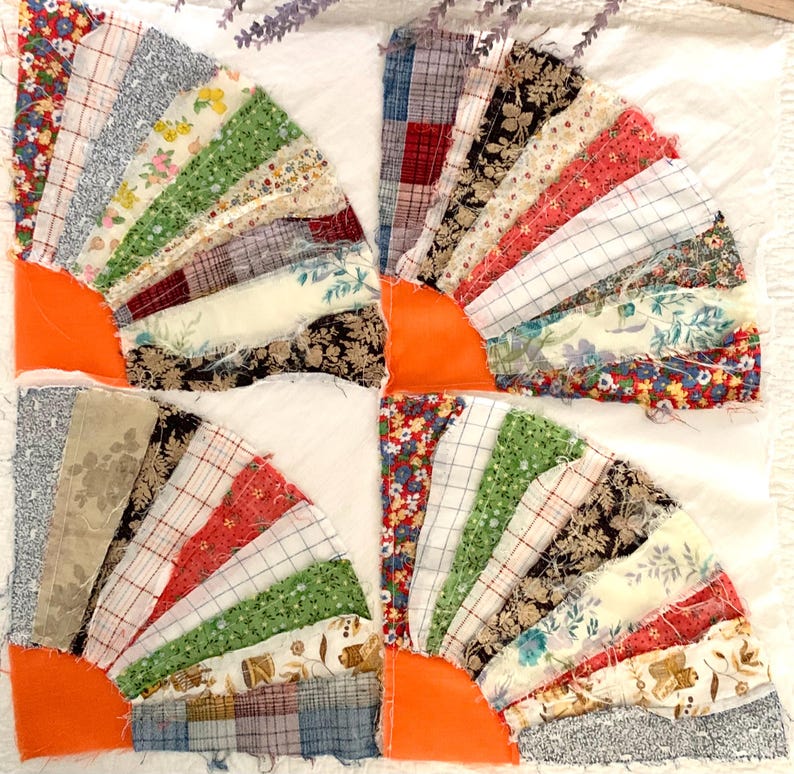 Vintage Fan Quilt Piece/block for DIY Upcycling Handmade 19” X 19 ...
