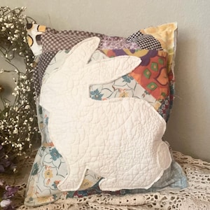 Antique Patchwork Quilt Pillow White Bunny 12” X 14” Spring/Easter Bunny Rabbit Pillow Easter Decoration Vintage Farmhouse Easter