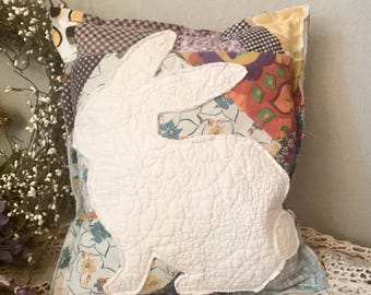 Antique Patchwork Quilt Pillow White Bunny 12” X 14” Spring/Easter Bunny Rabbit Pillow Easter Decoration Vintage Farmhouse Easter