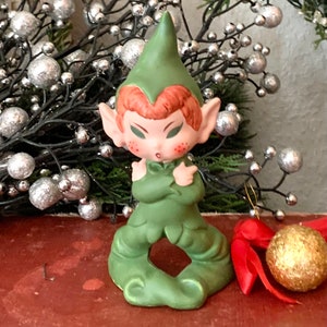 Vintage Pixie Elf Vintage Christmas Ceramic Green Pixie Elf Christmas Mantle Vignette Decor Farmhouse Country Living Christmas Small Space