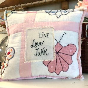 Vintage Quilt Pillow 13“ X 15“ Handmade Hand Embroidered Salvaged Handmade Quilt Butterfly Quilt American Farmhouse Country Living Accent