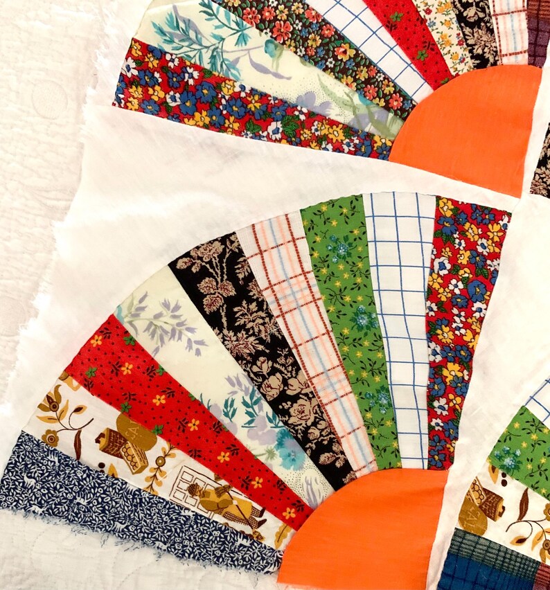 Vintage Fan Quilt Piece/block for DIY Upcycling Handmade 19” X 19 ...