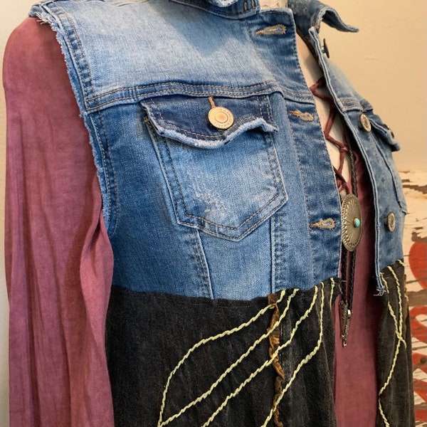 Handmade Upcycled Womens Medium M Duster Upcycled Clothing Long Vest Denim Top Fall Art Clothing Raw Hem Bohemian Gypsy Style Clothing